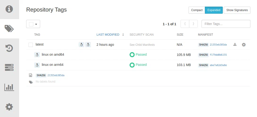 On Quay.io, you can see the container images for both architectures: ARMv8 and x8664.