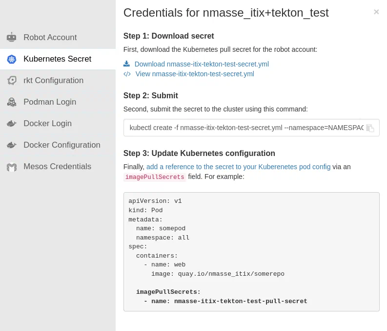 Download the Kubernetes secret of your Quay robot account.
