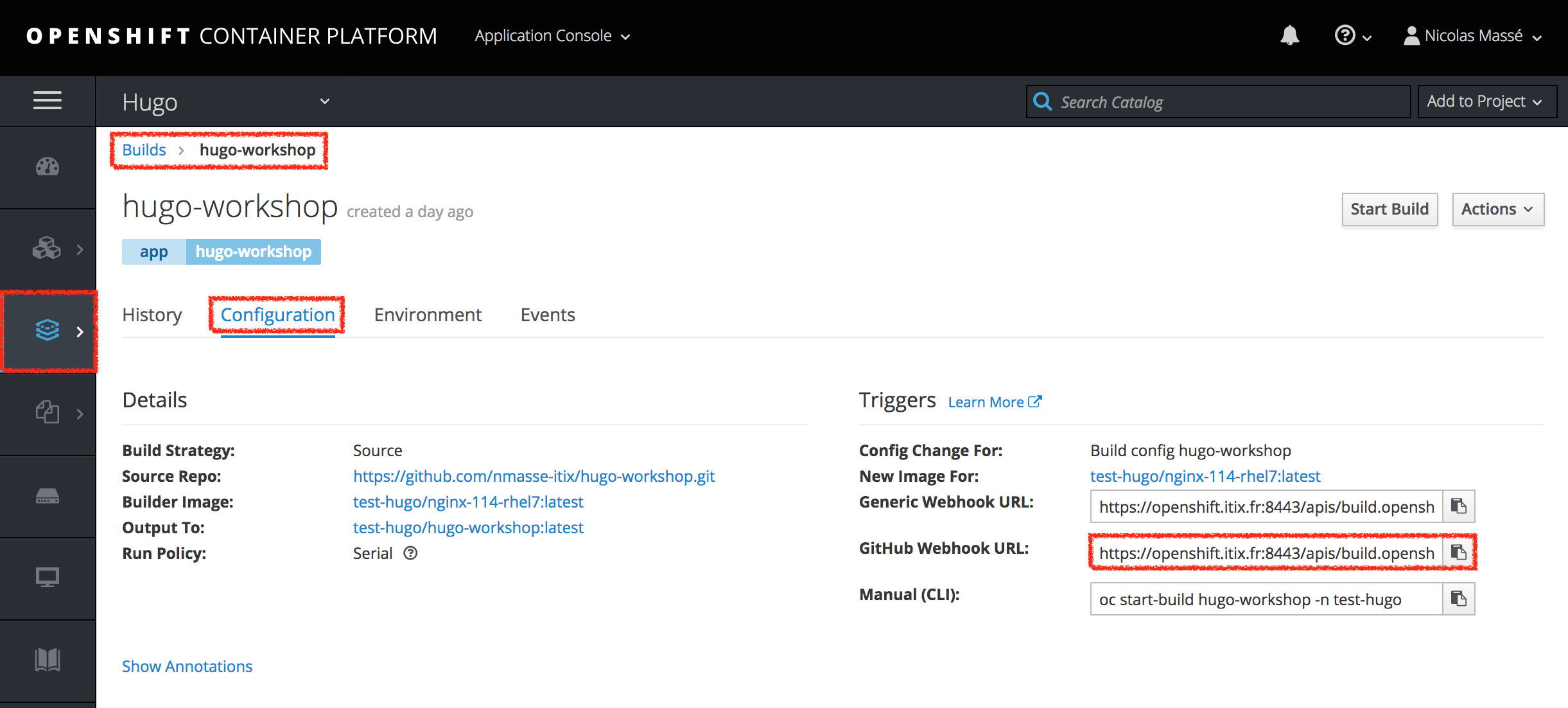 The BuildConfig on OpenShift.