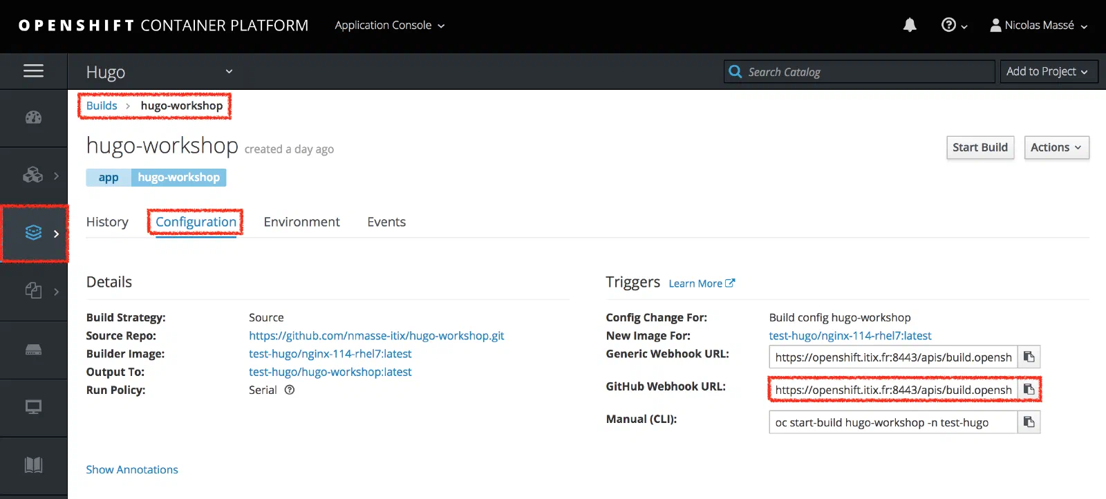 The BuildConfig on OpenShift.