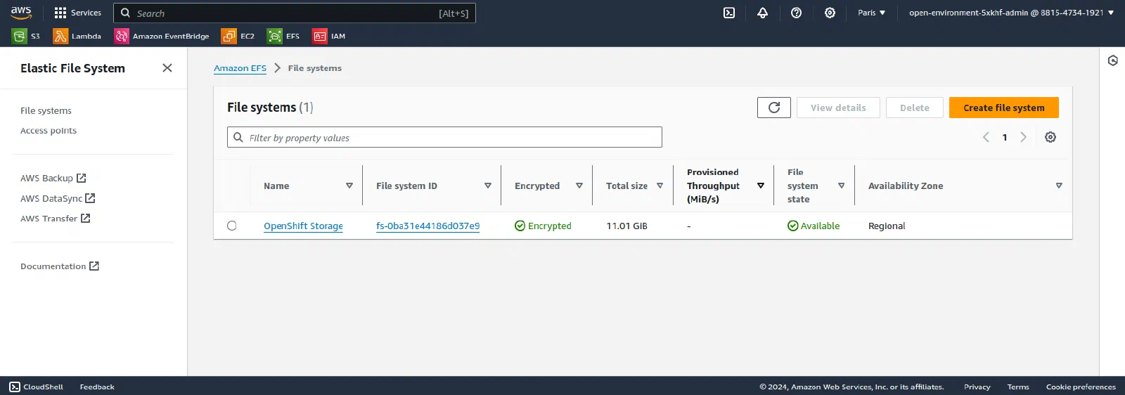Console AWS montrant un volume EFS.