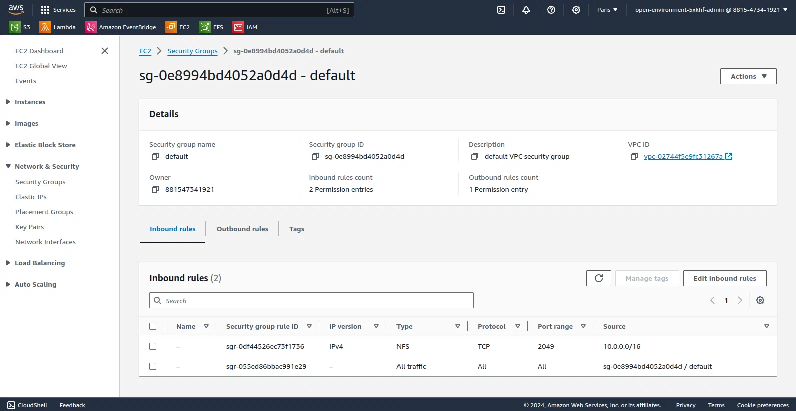 Console AWS montrant la configuration du Security Group EFS.