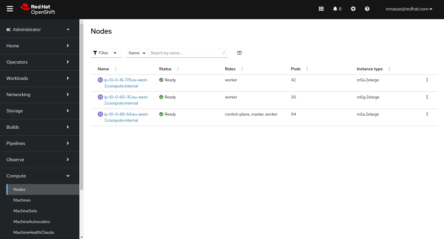 Console OpenShift affichant trois noeuds : deux noeuds x8664 et un arm64.