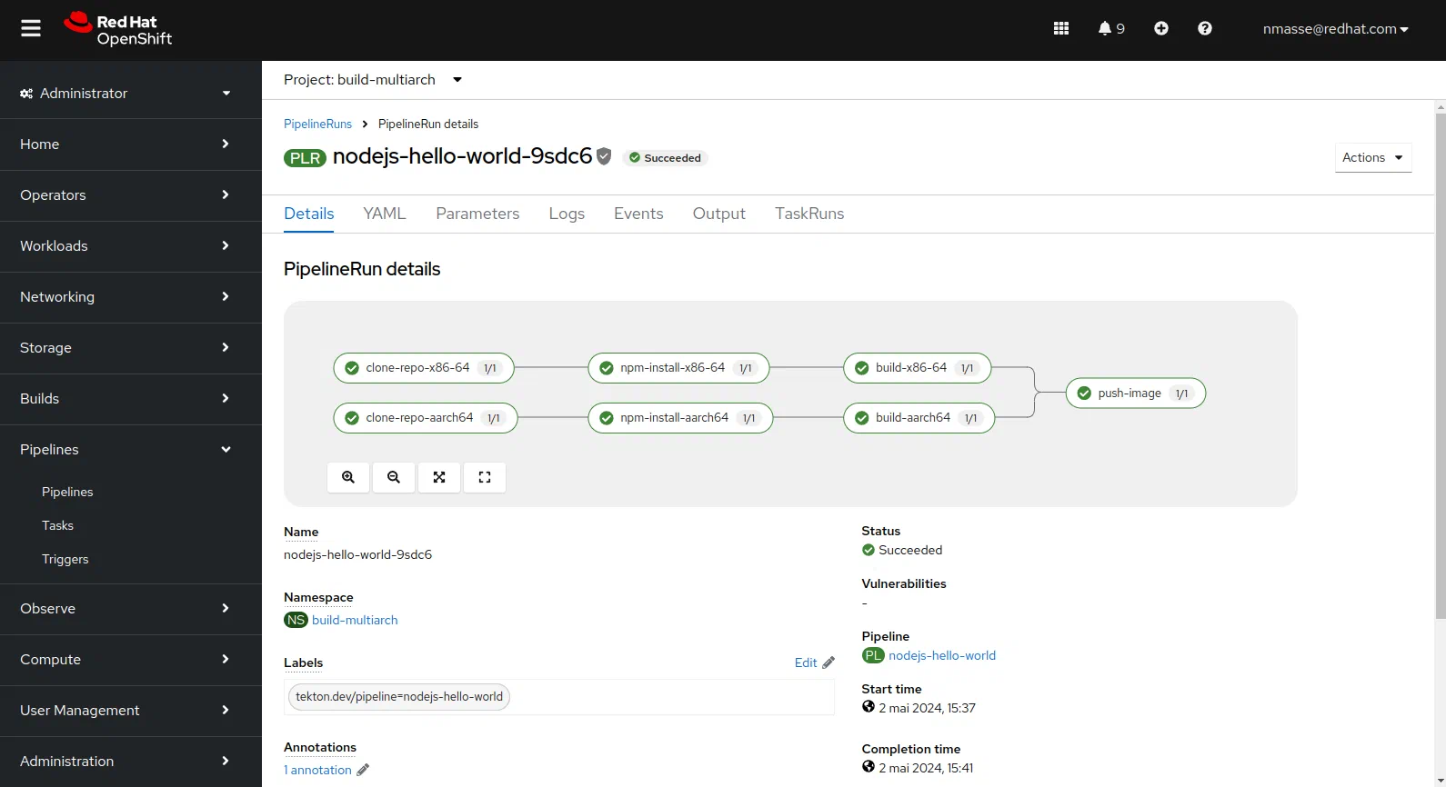 Console OpenShift montrant l’exécution du pipeline Tekton multi-architecture construisant une application NodeJS.