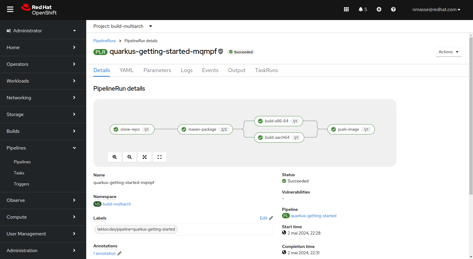 Console OpenShift montrant l'exécution du pipeline Tekton multi-architecture construisant une application Quarkus.