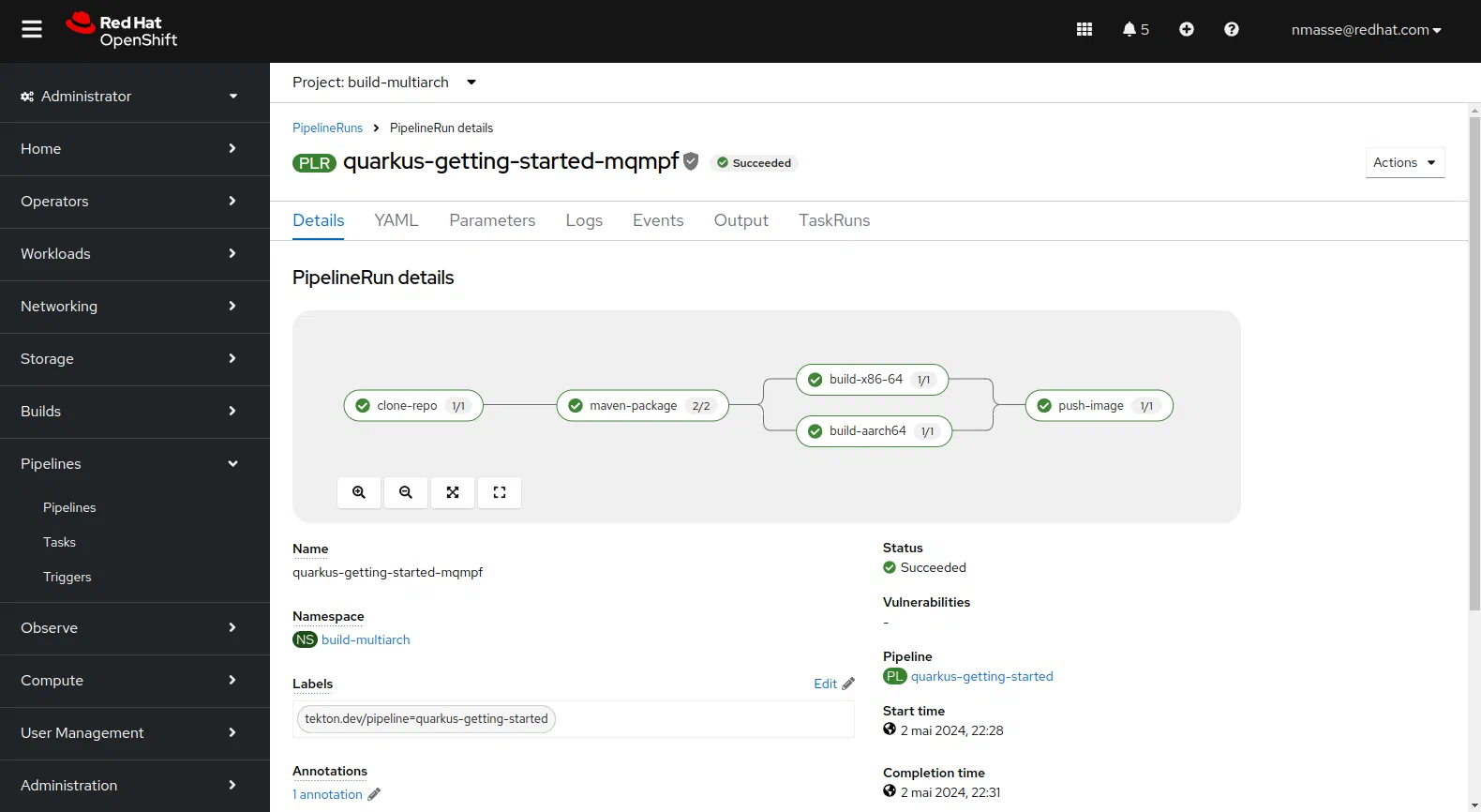 Console OpenShift montrant l’exécution du pipeline Tekton multi-architecture construisant une application Quarkus.